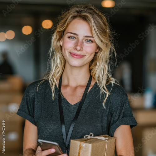Friendly young woman smiling while holding a package in casual clothing, showcasing delivery, courier service, and modern lifestyle for retail and online shopping