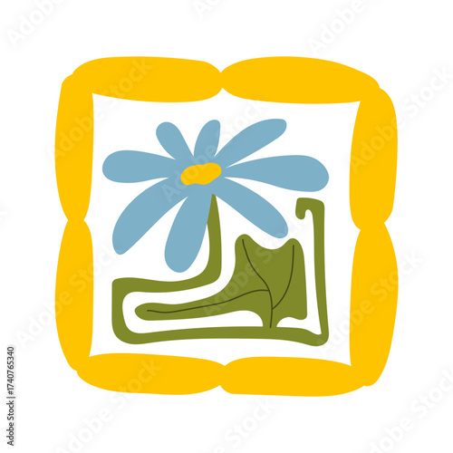 Hand-drawn colorful floral element in a decorative square frame with circular details. Abstract flower petals and leaf design. Perfect for scrapbooking, crafts, textile design, digital art, and decor.