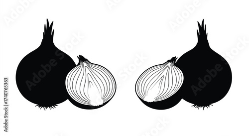 A striking black and white illustration depicting two onions halved and whole