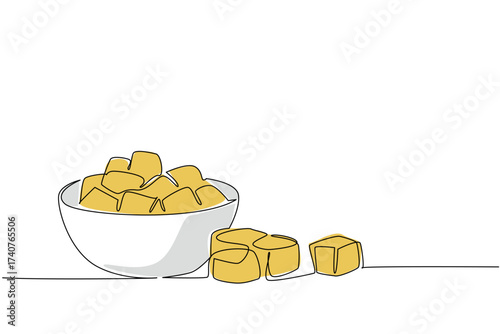 Single continuous line drawing croutons in a bowl and some scattered on the side of the bowl. Adding to the deliciousness of food. Snack. National Crouton Day. One line design vector illustration