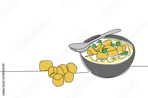 Single continuous line drawing soup with croutons in a bowl with croutons scattered around. Perfect combination. More delicious. Cuisine. National Crouton Day. One line design vector illustration