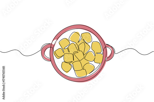 Continuous one line drawing croutons in a container. A side dish for soup with a savory taste. Traditional French food. Delicious. National Crouton Day. Single line draw design vector illustration