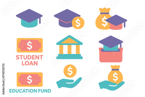 Bright neon icons of education funding and financial aid elements