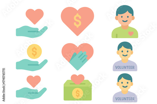 Charitable giving and volunteering icons in soft pastel style