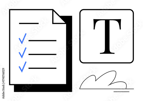 Document with checklist ticks beside a bold text icon and abstract minimalist shapes. Ideal for writing, editing, organization, checklist, formatting, documentation, productivity. Clean flat metaphor
