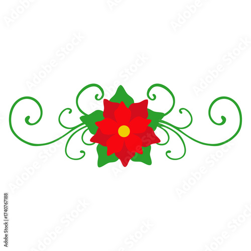 Logo con flor de poinsettia con filigrana caligráfica. Banner con florituras para tarjetas y felicitaciones de Navidad