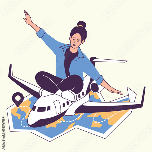 Illustration of an sitting on airplane with map Travel Vacation