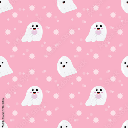 Cute ghost on a pink background. Seamless pattern for clothing, fabric, wallpaper, backdrop, home decoration, cover book, and wall art.