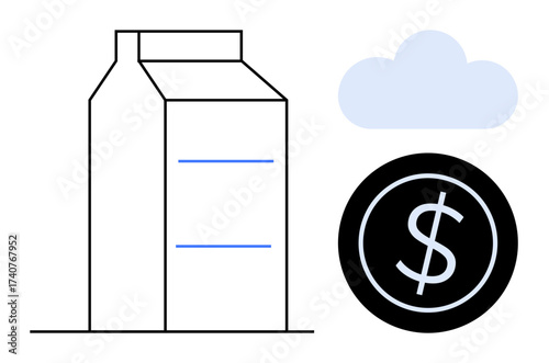 Milk carton with dollar coin and cloud, highlighting cost analysis, environmental impact, and industry value. Ideal for sustainability, pricing, dairy business, cost-benefit, eco-friendly products