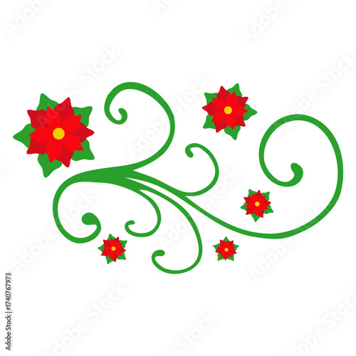 Logo con flores de poinsettia con filigrana caligráfica. Banner con florituras para tarjetas y felicitaciones de Navidad