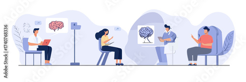 Psychologist consultation therapy session with patients discussing brain health and mental disorder treatment in minimalist flat vector style
