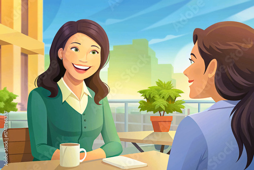 Smiling young businesswoman chatting with a coworker at an outdoor cafe meeting, created in detailed vector style, ideal for stock images, corporate lifestyle, networking, teamwork visuals