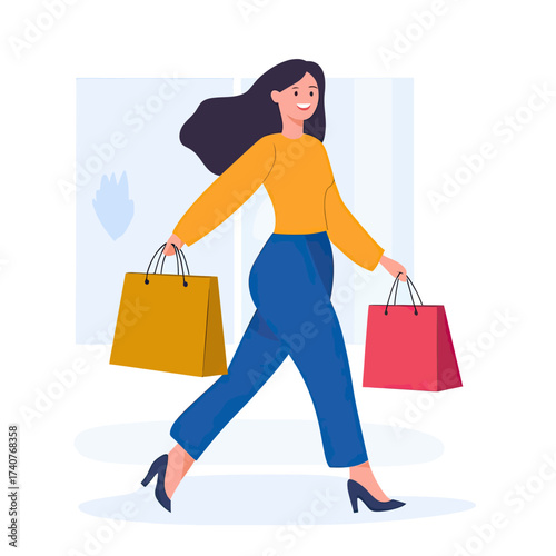 Young woman walking with colorful shopping bags in modern minimalist style happy shopper carrying purchases in casual outfit vector illustration