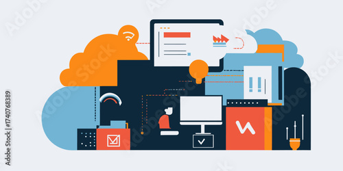 Flat vector illustration of cloud computing infrastructure with administrator managing data servers and digital storage technology concept in minimalist style
