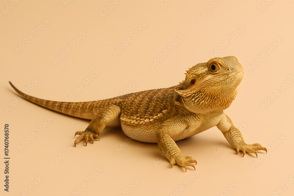Fototapeta premium 砂色背景のフトアゴヒゲトカゲ|Bearded Dragon on Sand-Colored Background