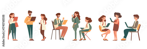 Diverse People Reading Books and Using Laptops and Smartphones in Casual Standing and Sitting Positions Flat Vector Illustration Set for Education and Technology Concepts