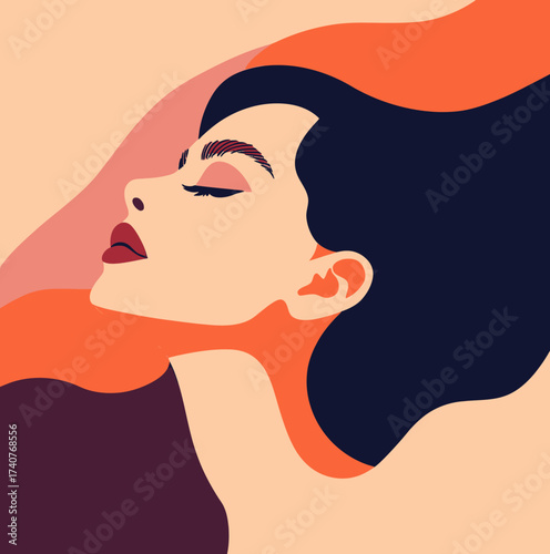 Profile of woman with flowing dark hair and closed eyes in flat minimalist vector style beauty illustration with warm tones and elegant facial features