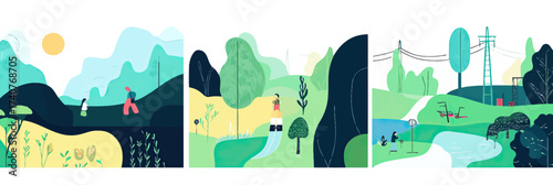 Sustainable landscape scenes with hiking people, renewable energy wind turbines, green nature hills, rivers, power lines, and eco friendly environment vector illustrations