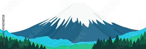 Vector illustration of snow capped mountain peak with layered blue green hills and forest landscape in foreground, nature scenic view