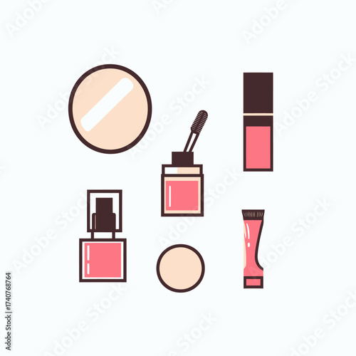 Flat minimalist vector illustration of makeup cosmetics set including compact powder, nail polish, mascara, lipstick, and cream tube with soft shadows on white background