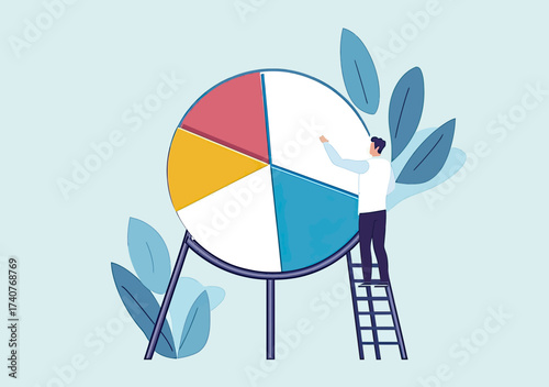 Businessman adjusting colorful pie chart on tripod stand using ladder flat design illustration for investment portfolio allocation and data analysis concept