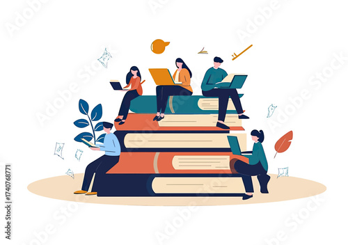 Diverse group of people studying with laptops and reading on large stacked books concept for lifelong learning and knowledge development in flat minimalist style