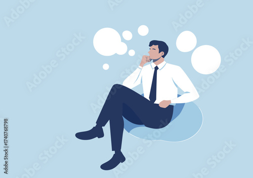 Businessman sitting and thinking with thought bubbles, conceptual idea and reflection, flat minimalist vector illustration of concentration and problem solving in professional attire