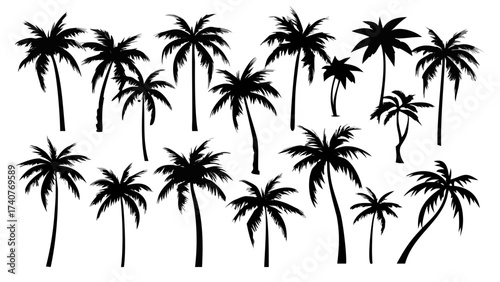 Tropical vibes with black palm trees, perfect for summer designs, beach themes, and vacation promotions creating a relaxing holiday mood, originally a scalable graphic
