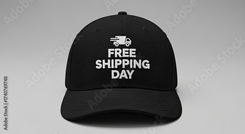 Black cap with free shipping day text and truck logo
