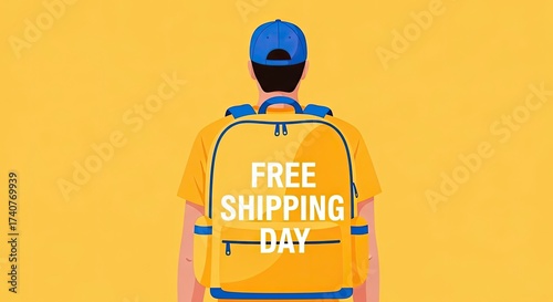 Free shipping day delivery person with backpack on yellow background
