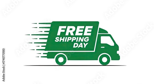 Green truck with text free shipping day isolated on white background