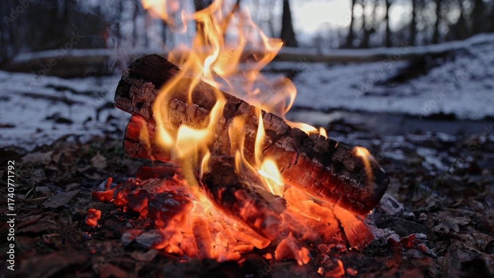 Fotografie Crackling Campfire in the Winter Forest , Authentic Place