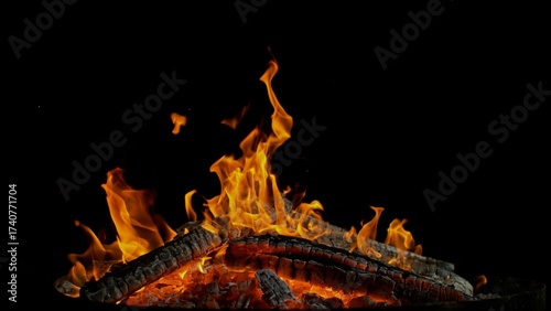 Detail Shot of Campfire , Glowing Logs , Isolated on Black Background