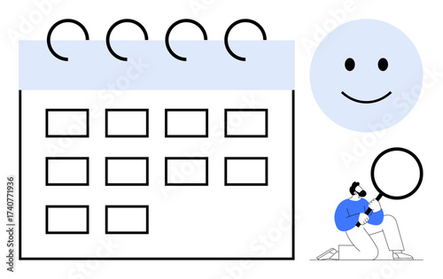 Large calendar with multiple squares, smiling face, and person kneeling with magnifying glass. Ideal for organization, planning, positivity, scheduling, research analysis search. Minimalist flat