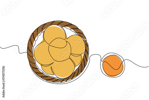 Single continuous line drawing buttermilk biscuits on a rattan wicker plate with a glass of orange juice. Freshness when devouring. National Buttermilk Biscuit Day. One line design vector illustration