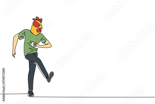 Single continuous line drawing a man wearing a tshirt wearing a chicken head mask poses dancing. Sway to the beat. Happiness. Hobby. Dance Like a Chicken Day. One line design vector illustration