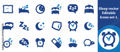 Sleep vector editable icon set, nutrition, pet, mattress, shelter, latex, hemp, pad, bedding, kitten, recycled, cushion, polyester, furniture, cat, fluffy, nap, pet, soft, mat, sleep and more
