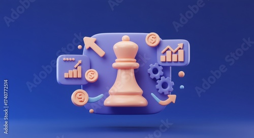 Chess Queen on Purple Background with Business Chart and Coins in 3D Rendered Style Depicting Strategy and Financial Growth on Blue Background