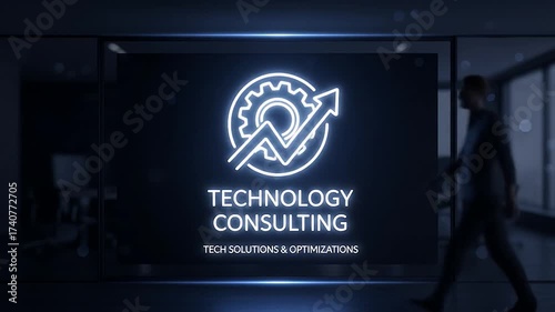 Dynamic Technology Consulting Intro: Neon Logo, Business People, Modern Office