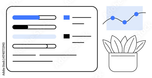 Progress bars on a dashboard, a rising line graph with dot markers, and a potted plant. Ideal for productivity, analytics, organization, business growth, workflow, performance tracking simple flat