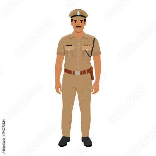 Indian male police officer in khaki uniform with mustache standing front view. Flat vector illustration isolated on white background