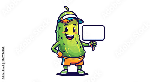 Cheerful pickle cartoon character holding a blank sign for personalized messages illustration