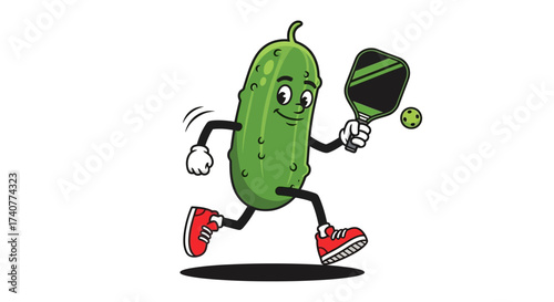 A vibrant pickle character running joyfully and holding a pickleball paddle ready for a fun game