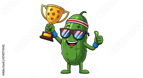 Cartoon pickle character holding a trophy celebrating victory and success on white background