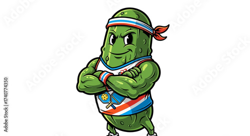 Pickleball Player Cartoon Illustration of a Muscular Pickle with Racquets
