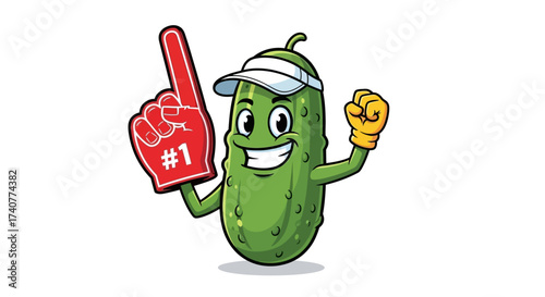 Enthusiastic pickle character cheering with a number one foam hand and a cheerful face with cap