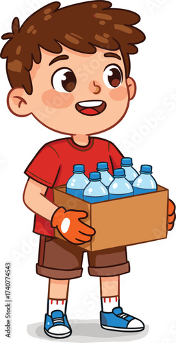 Cute cartoon boy carrying cardboard box full of water bottles, child helping recycle plastic, eco friendly concept, environmental awareness illustration