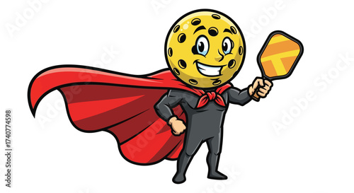 Pickleball superhero character with cape and paddle ready for action illustration