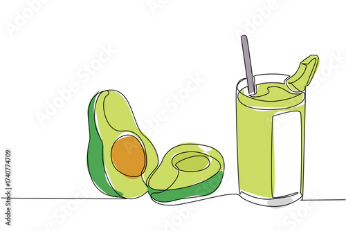 Single one line drawing glass of avocado juice with straw and avocado slices on top of glass. A delicious drink to maintain heart. National Juice Slush Day. Continuous line design graphic illustration