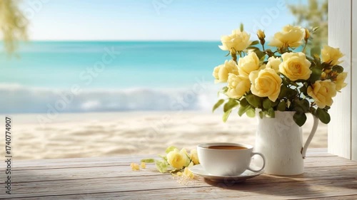 Yellow roses in a vase on a wooden surface overlooking the ocean